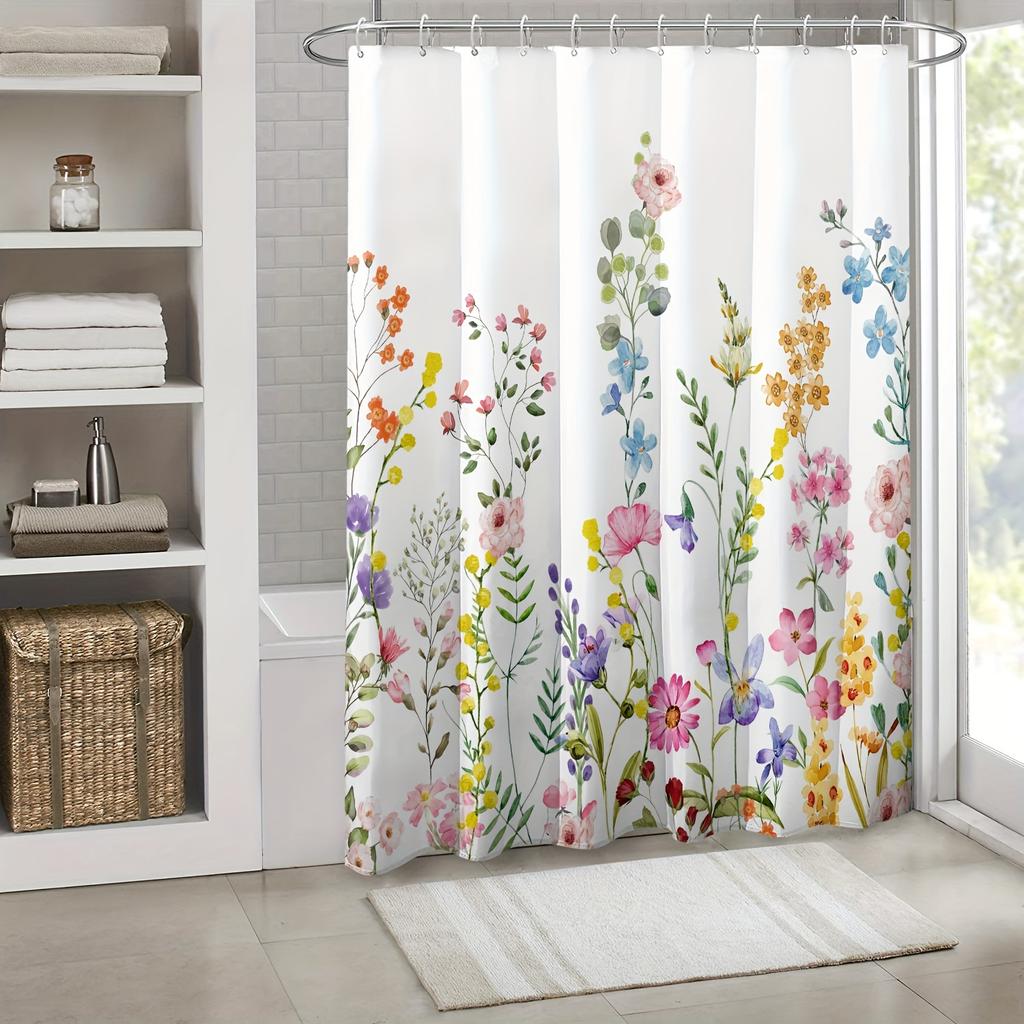 1Pc 180X180Cm Water-Resistant Floral Shower Curtain - Polyester, 12 Hooks, All-Season, Machine Washable, Flower Pattern