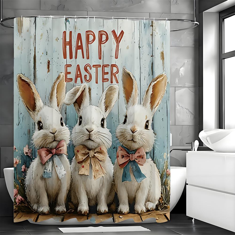 Happy Easter Shower Curtain, Cute Gentleman Bunny Egg Bow Decorative Shower Curtain, Spring Floral Wooden Shower Curtain with H