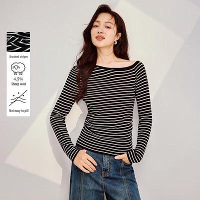 INMAN Women's Striped Off-Shoulder Long Sleeve Knit T-Shirt