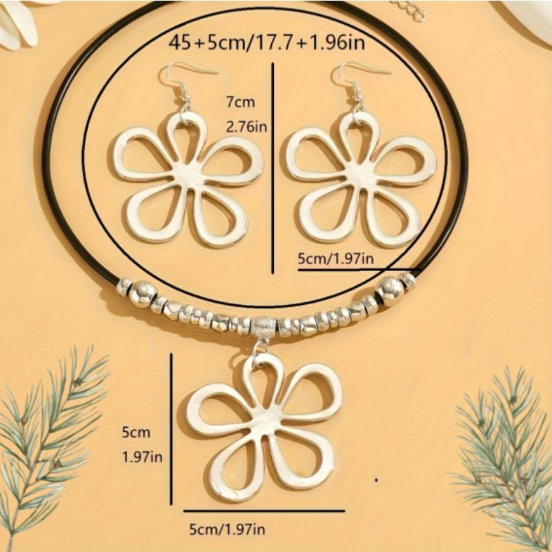 Ensemble de bijoux Collier pendentif fleur géométrique creuse corde noire Boucles d'oreilles fleur creuse
