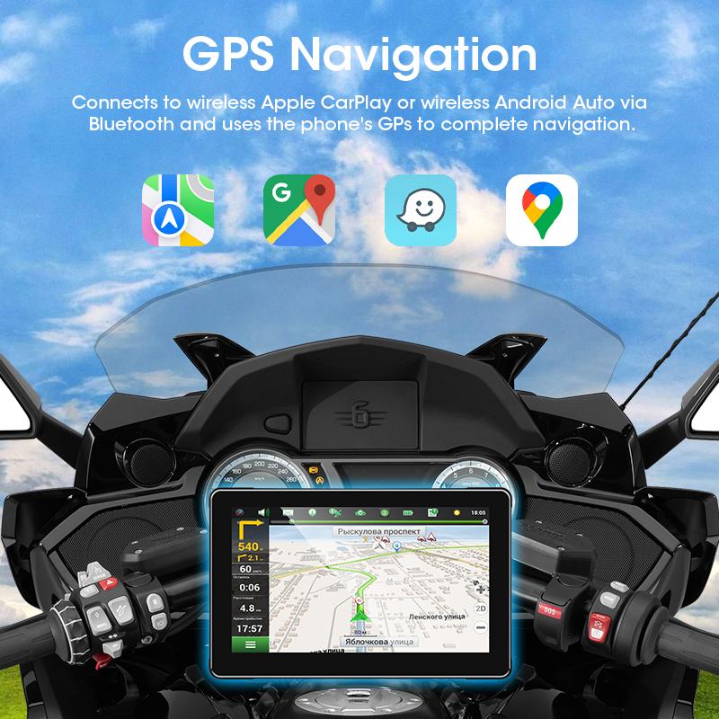 7” Motorcycle GPS Navigation Waterproof Wireless Carplay Android Auto Display Screen Portable Motorbike Moto Monitor DVR Dual BT
