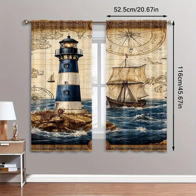 2Pcs- Nautical Style Lighthouse Pattern Printed Curtains, Window Decorations, Home Decorations, Room Decorations