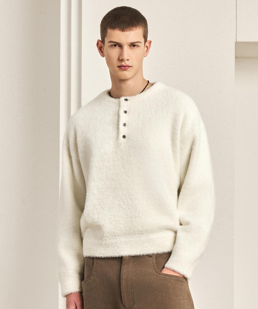 HYOJI Fw Oversized Heavy Angora Semi-Crop Henley Neck Knit (7 Colors)