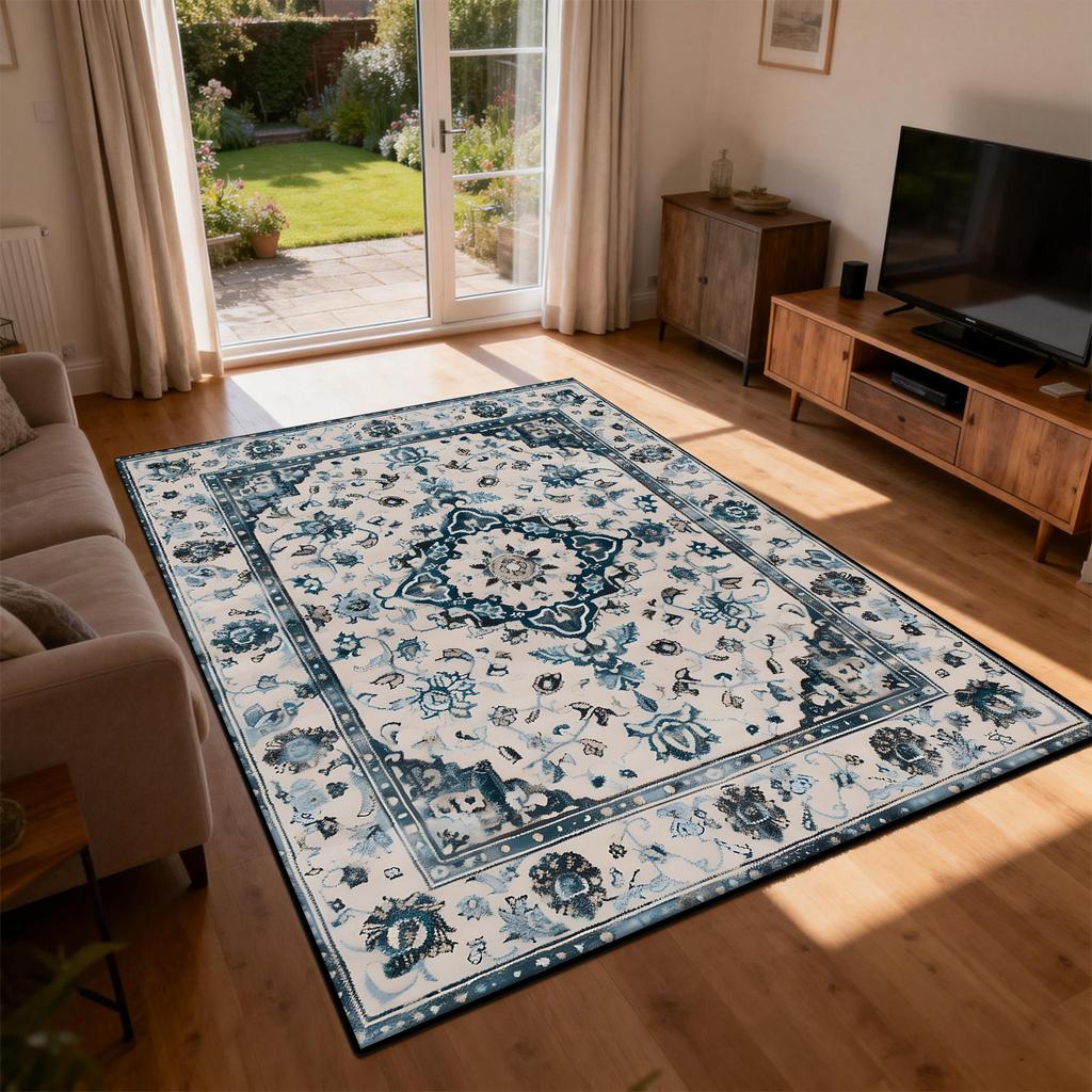 Persian Blue White Carpet Ethnic Style Living Room Decoration Sofa Rug Short Velvet Easy Clean Bedroom Parlor Floor Mat Non-slip