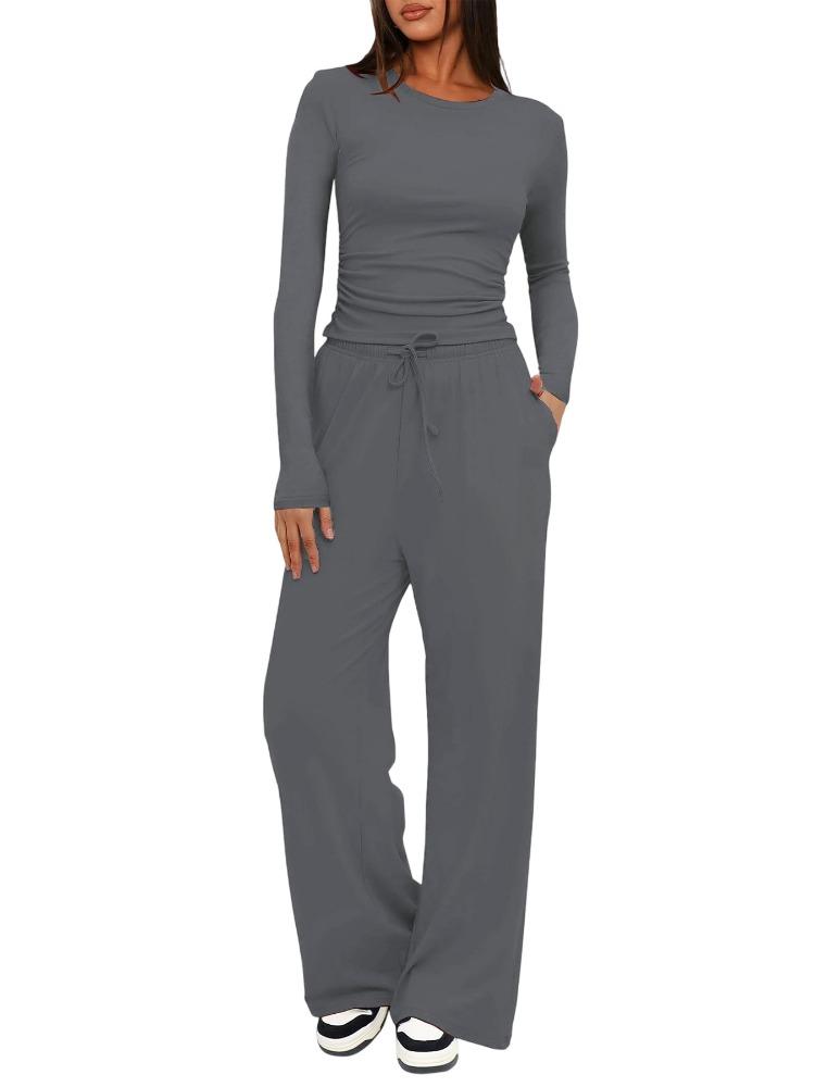 Solid Color Casual Long Sleeve Set Top High Waisted Wide Leg Pants Sportswear