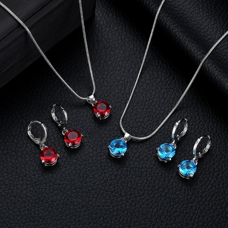 Damen-Schmuckset mit rundem Zirkonia-Anhänger, Kette, Halskette, Creolen und Ohrringen
