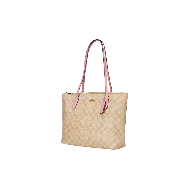 Coach Shoulder Bag Zip Top Tote 30 Resort Style Tote Tote Shopping Handbag PVC with Leather Large Size Women's Light Khaki with Cherry Blossom Pink