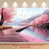 2D Plane, Background Fabric with Cherry Blossom Lake Scene, Pink Petals and Mountain-lake Scene, Spring Event, Polyester Fiber