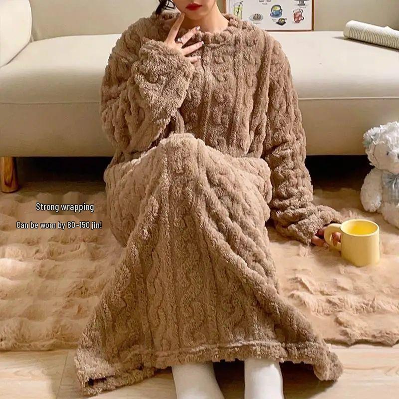 Women's Winter Coral Fleece Jacquard Long Robe Pajamas with Pockets
