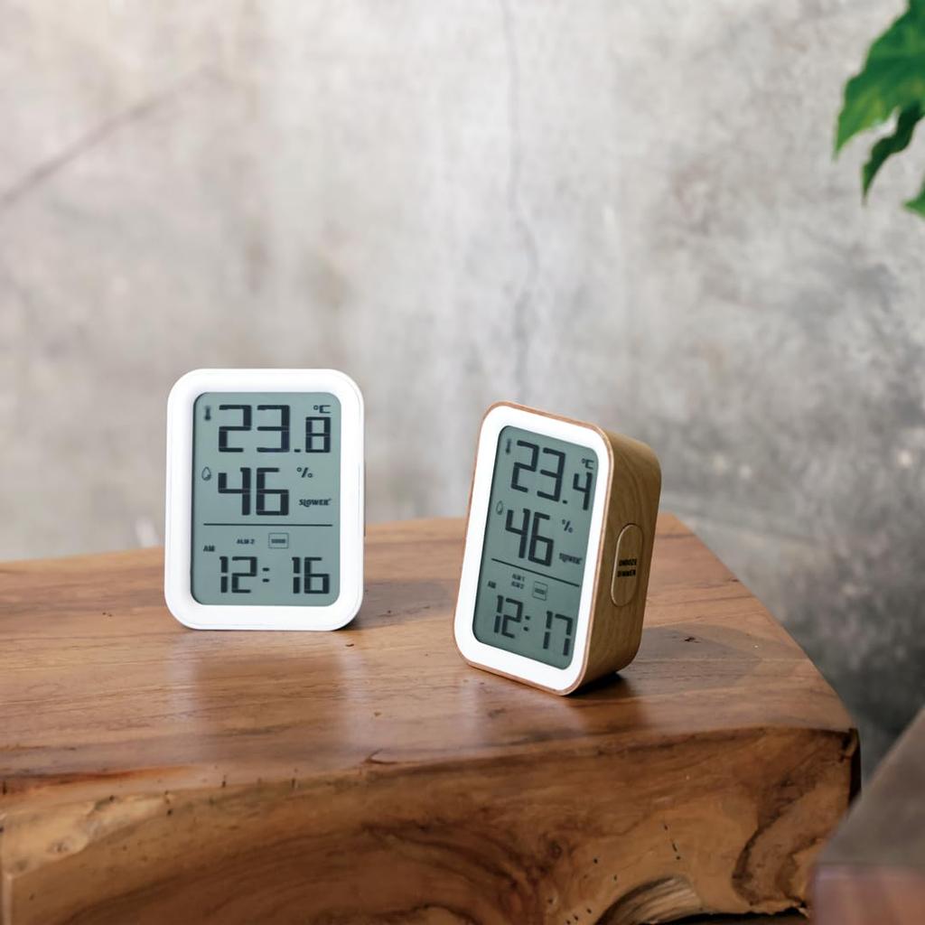 SLOWER [Temperature and Humidity Clock] Digital Desk Clock with Temperature and Humidity Display, Backlight, Alarm, White SLW424 Paz