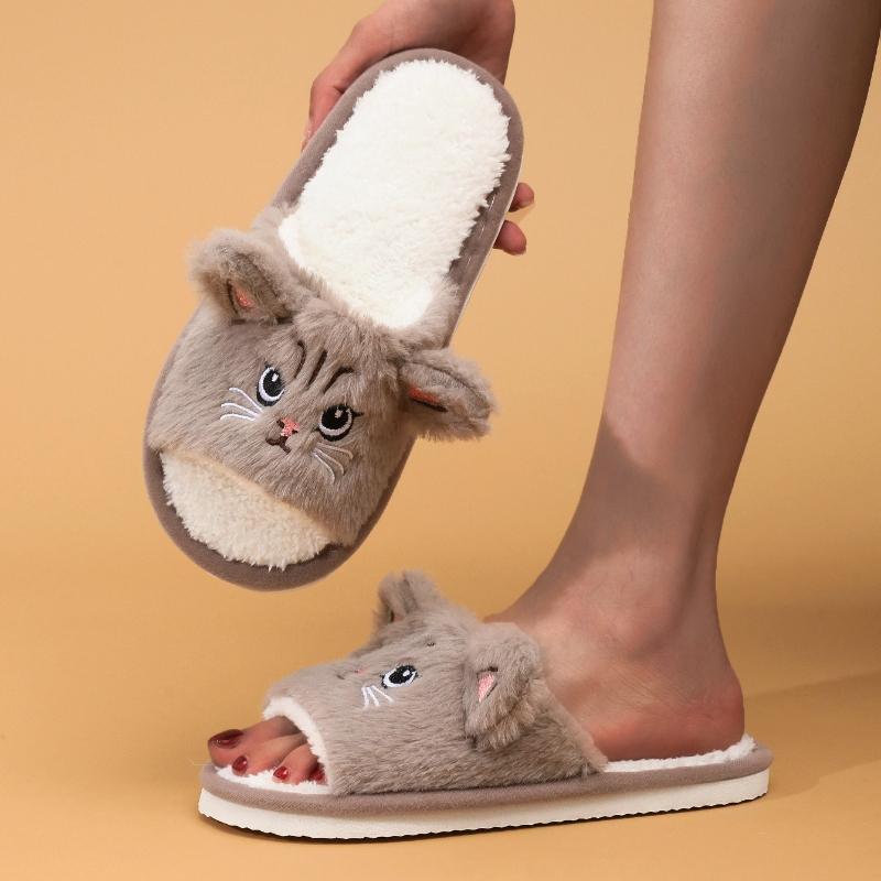 Women's Cute Cat Open-Toe Slippers Home Comfortable and Casual Slipper for Autumn and Winter