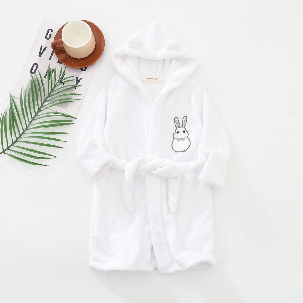 2025 Korean Flannel Kids' Embroidered White Rabbit Hooded Bathrobe