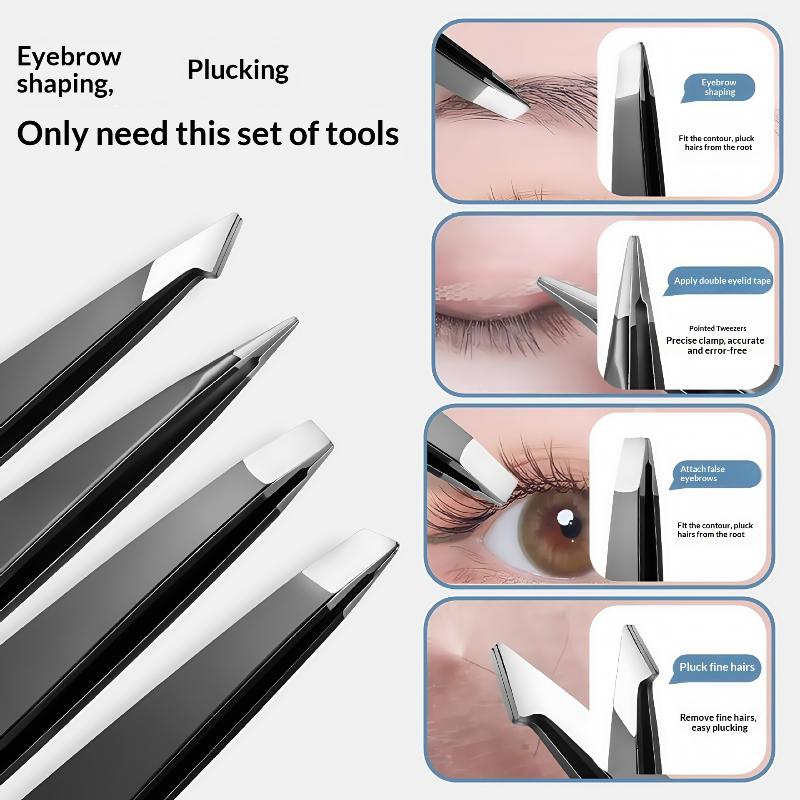 Colorful Stainless Steel 4 Pcs Tweezer Set For Women And Men'S Eyebrows & Eyelashes Comes With Storage Bag