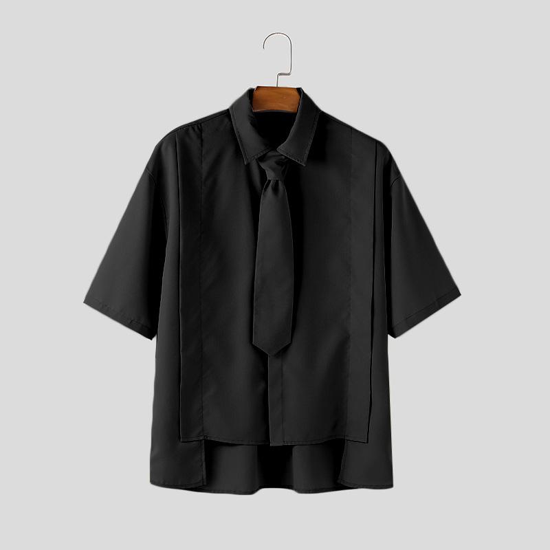 

INCERUN Summer Men Lapel Tie Up Short Sleeve Buttons High Low Casual Shirts XL чёрный