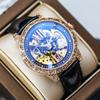 Luxury Men's Automatic Mechanical Watch  Golden Engraved Skeleton Dial Roman Numeral Dial Luminous Dress Wrist Watch for Men