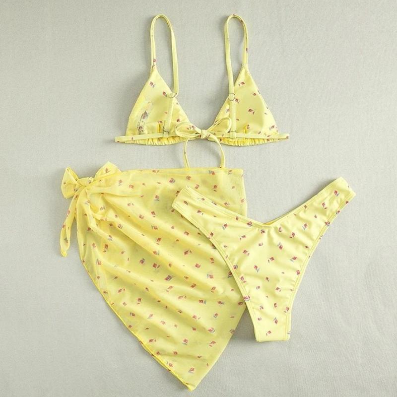 Yellow Floral Print Swimwear Mesh Cove Ups 3 Piece Bikini Set Damen Sexy Swimsuit Women 2026 Beach Wear Bikinis Swimming Wear