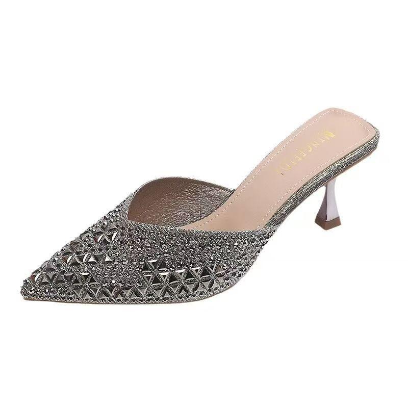 Crystal Pointed Toe Women Slippers Summer Mid Heels Shoes Dress Elegant Woman Pumps 2025 Trend Walking Chaussure Femme
