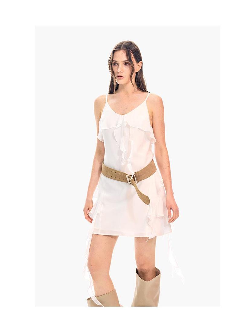 Korean Style Irregular Ribbon Layered V-Neck White Camisole Dress