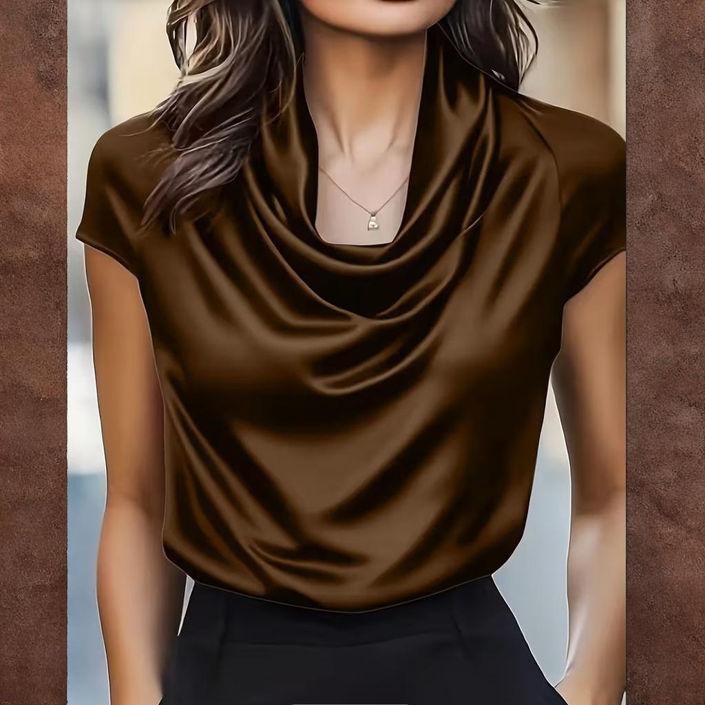 Stylish Women's Short,sleeved Top With A Draped Neckline, Casual And Versatile.