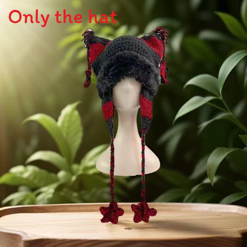 

Knitted Star Striped Cat Ear Beanie With Warmth And Windproof For Winter And Fall Seasons червоний