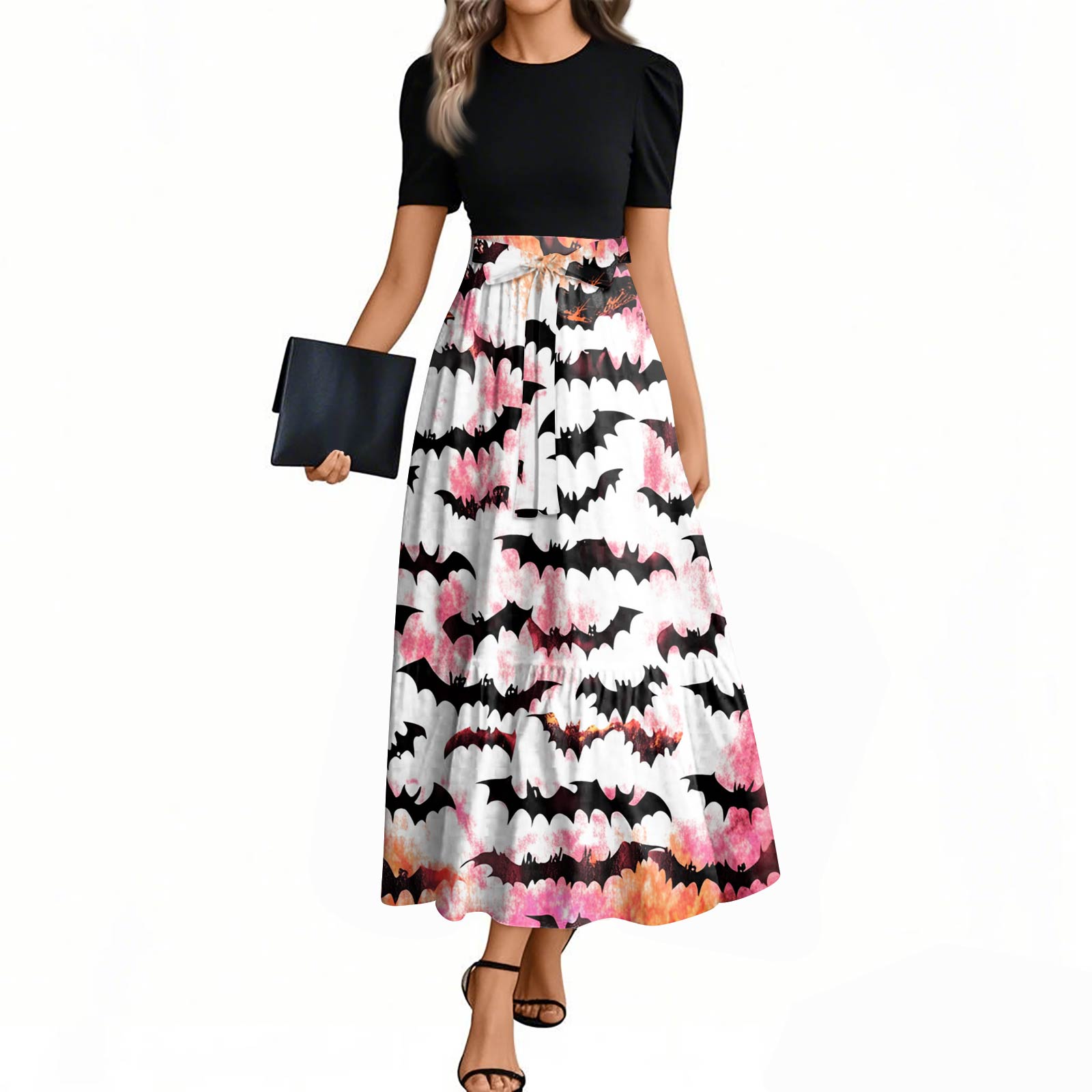 

Женское модное повседневное платье с поясом, с коротким рукавом, круглым вырезом и элегантным принтом на Хэллоуин XL