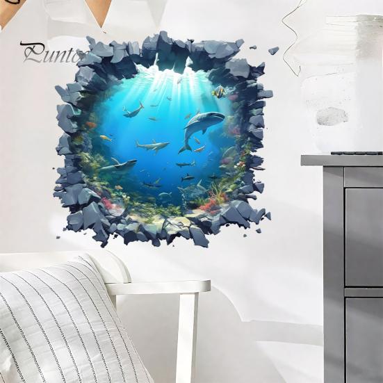 Easy Install Wall Art for Bedroom Underwater Shark Sticker, Realistic 3D Ocean View Decal, Waterproof Large Perspective Stickers PVC Mural Living Room