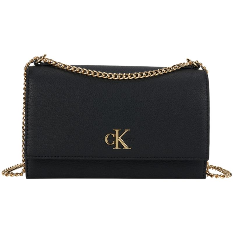 Calvin Klein Calfskin Textured Flap Chain Shoulder Bag Women Shoulder Bag Black Gold DH2806-YIQ YIQ-Black Gold
