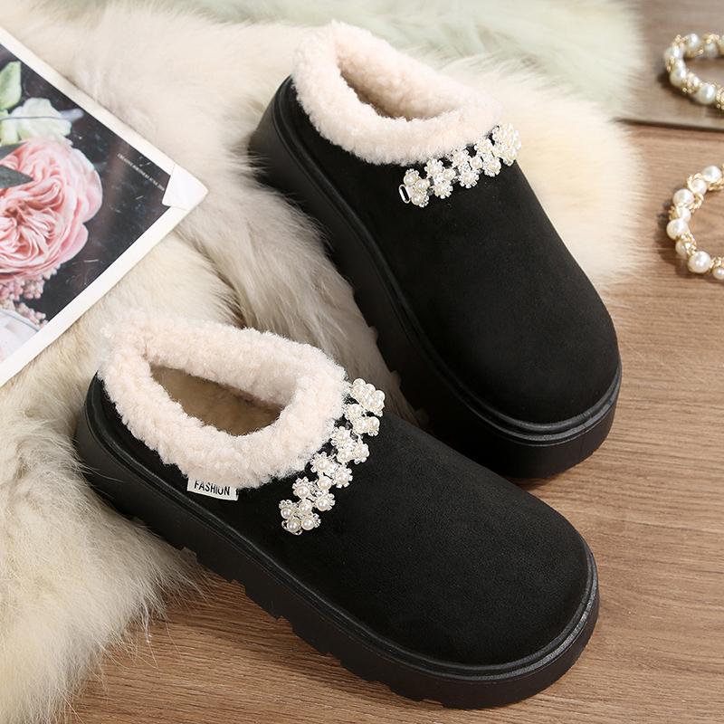 Fashion Pearls Decor Cotton Platform Slippers Women Autumn Winter Plush Warm Cotton Shoes Woman Plus Size Anti Slip Snow Boots Female