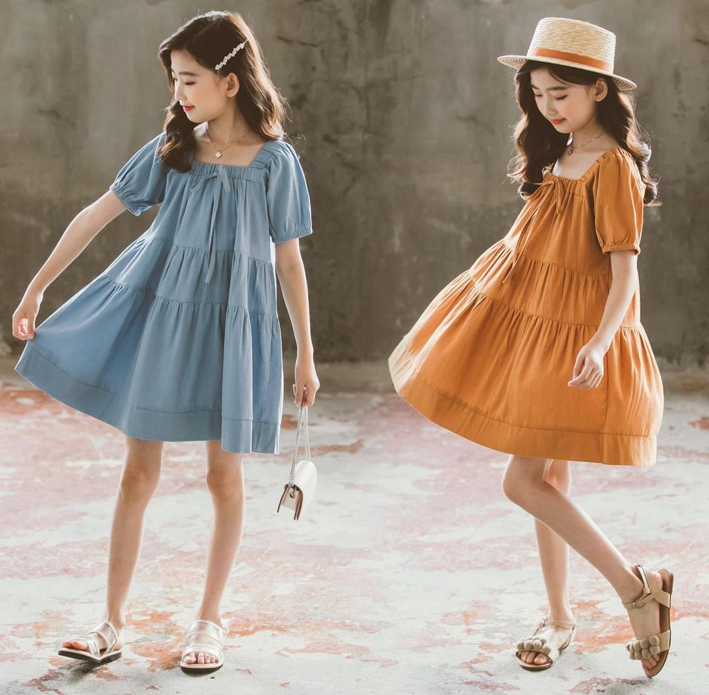 Beveaya Summer Short Sleeve Flared Loose Summer Solid Perfect for Everyday Size 130 Girls' Dress, A-Line, Fit, Ribbon, Kids' Dress, Cute, Color, Wear,