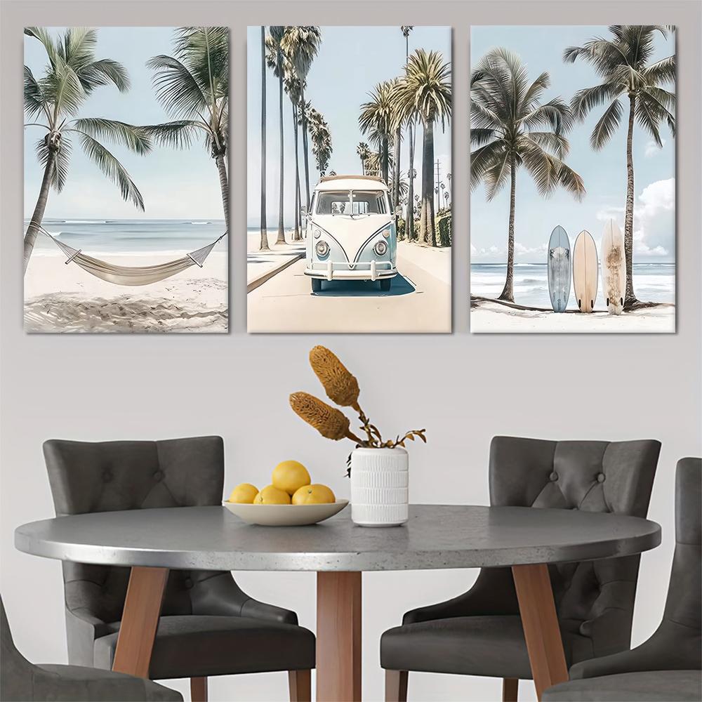 

3 pieces of tropical style coconut tree hammock canvas decorative painting, modern and simple living room, bedroom, entrance wal (as the picture,20x30cm No Frame)