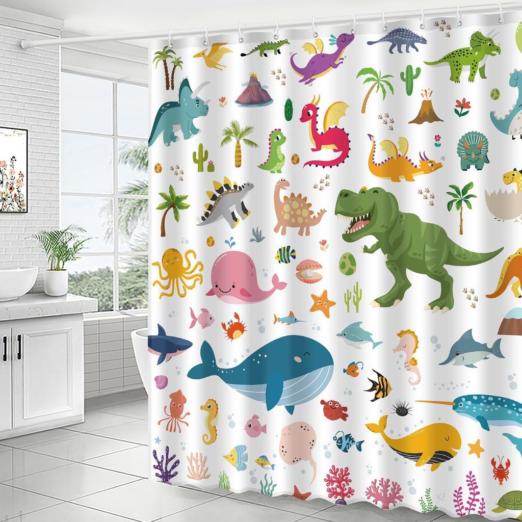 Kids Bathroom Ocean Shower Curtain, Funny Cartoon Dinosaur and Undersea Whale Shower Curtain Set with 12 Hooks, Home Decor