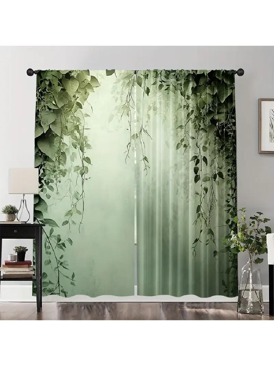 

2pcs Lush Green Vine Printed Curtains, Designed for Light Filtering, Quality Material, Ideal for Nature-Inspired Home Window Dec 24x59in(60x150CM)x2&Rod Pocket