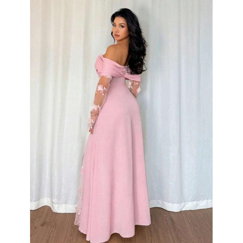 European and American one-word shoulder spell long-sleeved dress women's 2026 summer new fashion temperament skirt