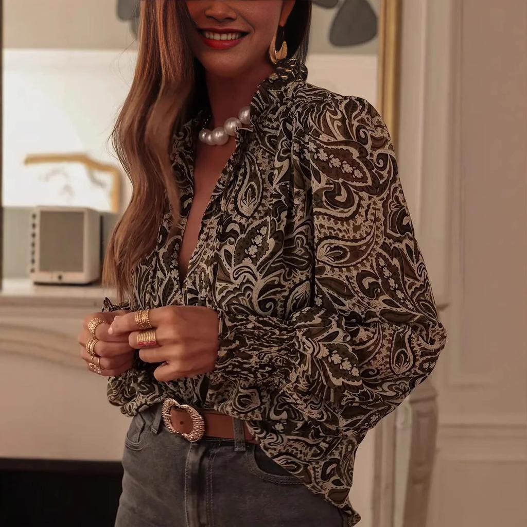 Damen V-Ausschnitt Langarm Hemd mit Paisley-Print