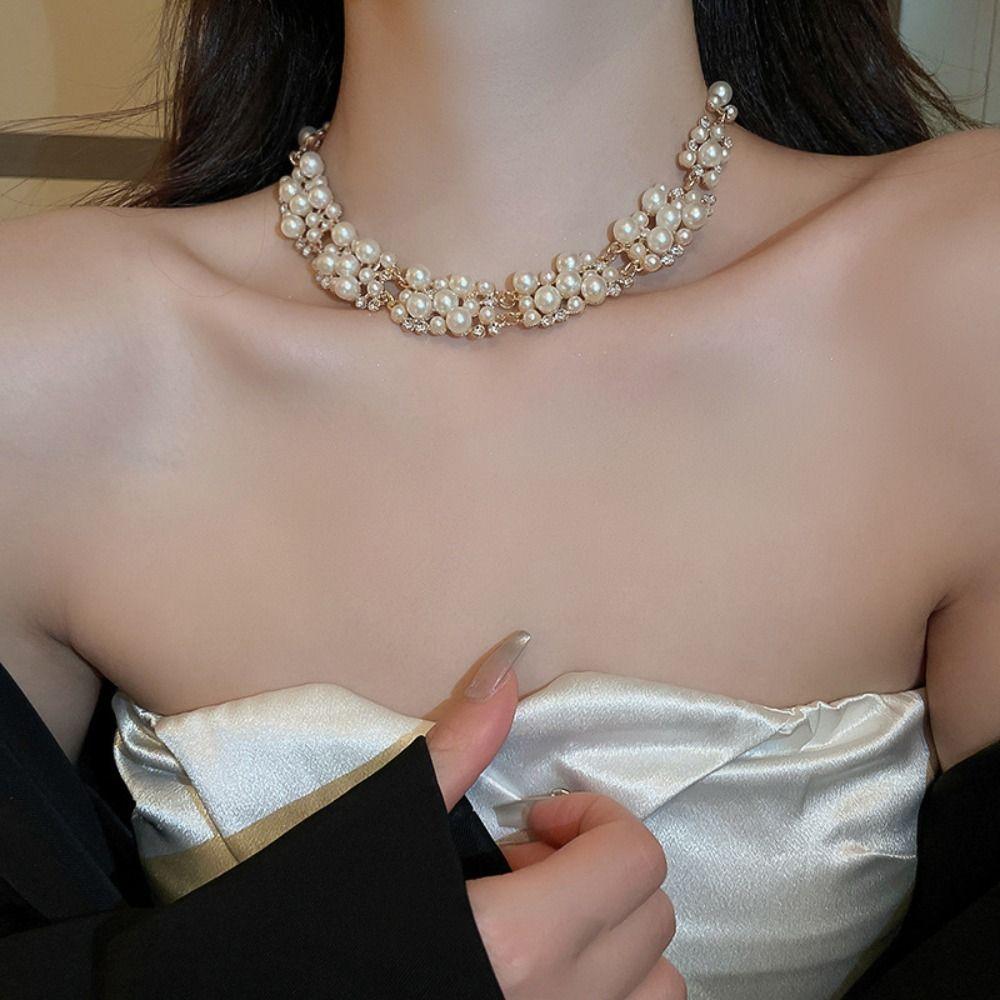 Multi-layer Pearl Jewelry Set Vintage Pearl Dangle Earrings Pearl Neck Chain  Bridal