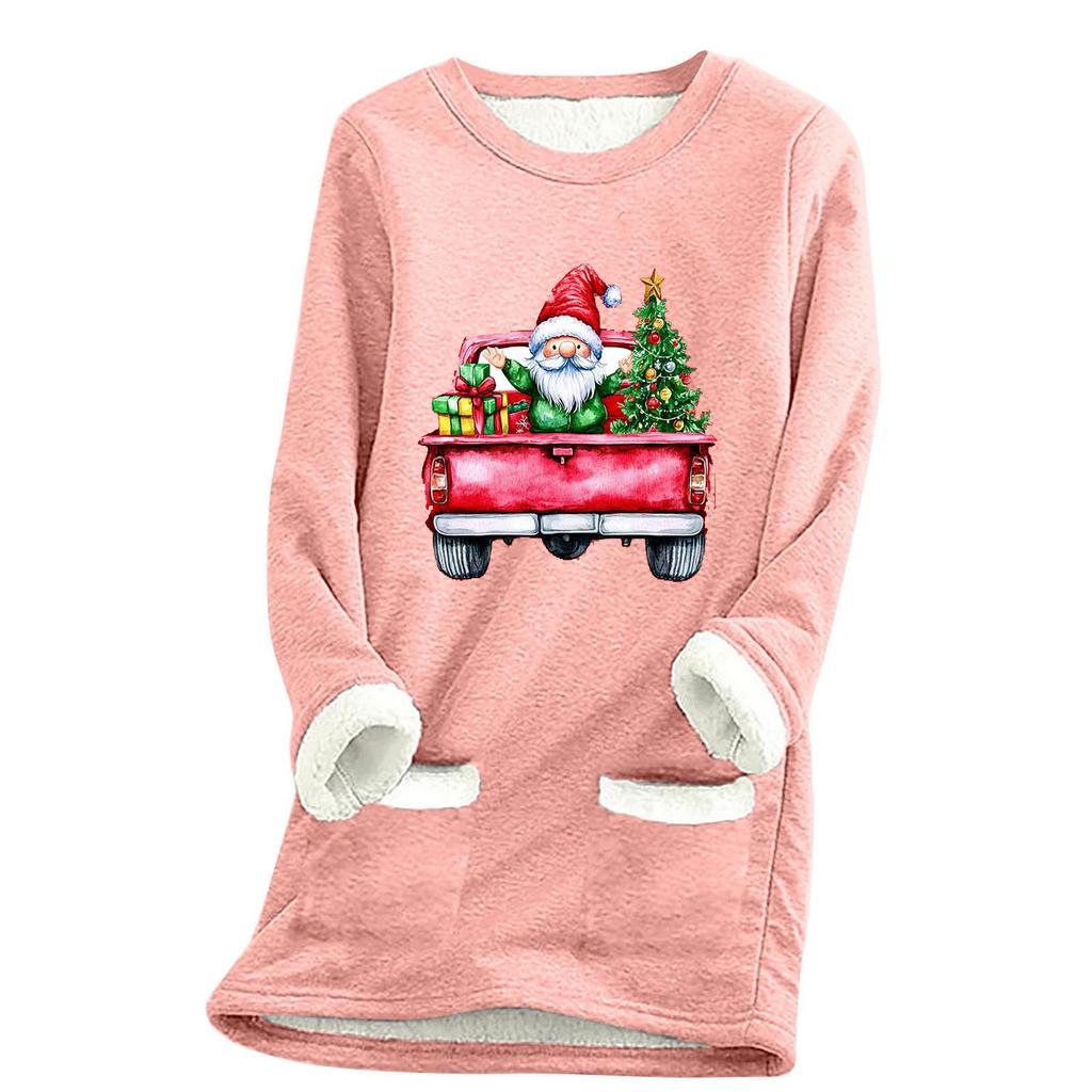 Ladies' Loose And Comfortable Round Neck Christmas Print Thick With Pockets Long Sleeved Top