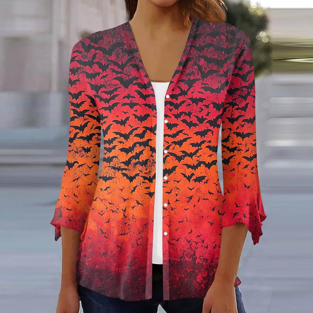 Damen Locker Lässig Bedruckt Siebenärmel Knopfleiste Hemd Strickjacke Top