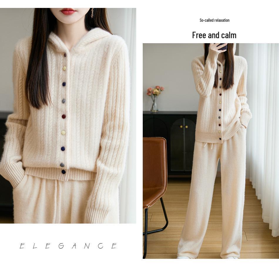 Women's Thickened Hooded Wool Cardigan: Autumn/Winter Simple Casual Cable Knit Sweater Coat