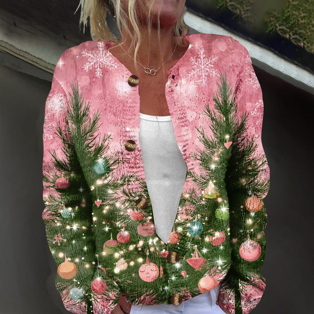 Women's Fashion Christmas Printed Long Sleeve Knitted Cardigan Button Down Jacket