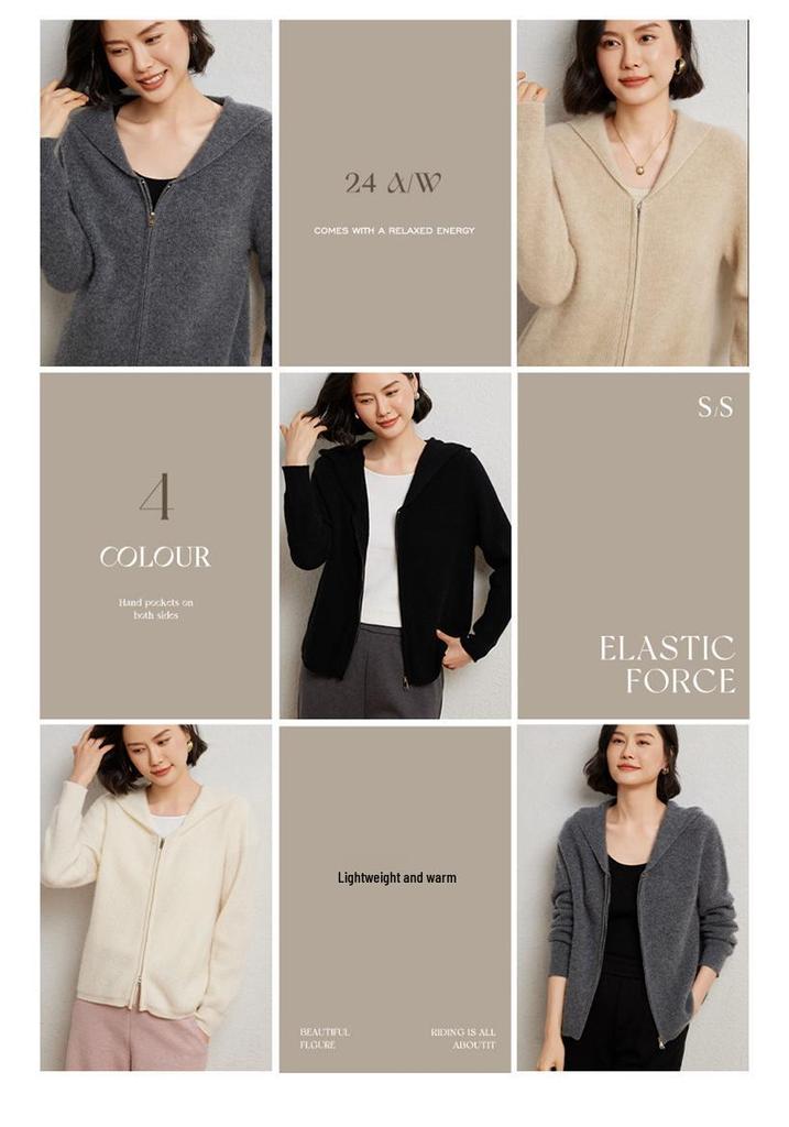 Women's Slim-Fit Wool Hooded Cardigan: Zippered, Long-Sleeve, Tight Cashmere Knitwear for Autumn & Winter