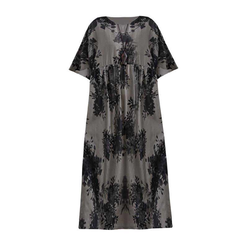 2021 Summer Retro Plus Size Round Neck Print Dress with Short Sleeves and Big Swing