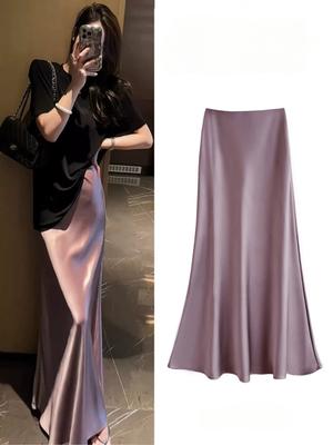 Damen Sommer Maxi Rock Satin A-Linie Langer Rock Freizeitröcke Hochelastischer Bund Bodycon Slim Röcke