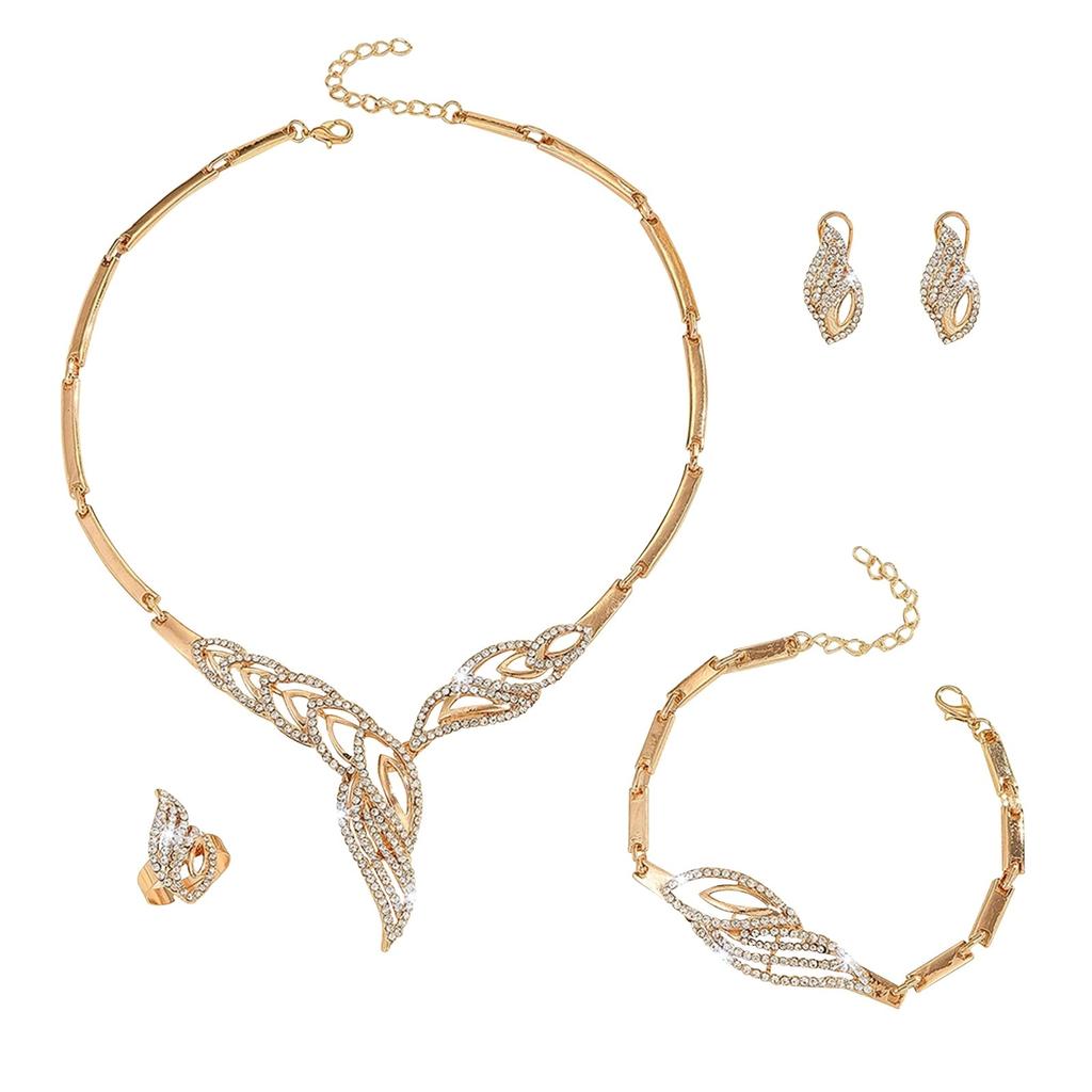 Fashion Diamond Studded Gold Leaf Necklace Earrings Rings Bracelets Four Piece Set Of Accessories
