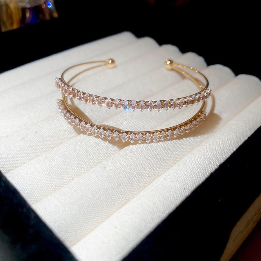 Inlaid Zircon Geometric Open Bangle - Elegant, High-End Design for Versatile Women's Fashion