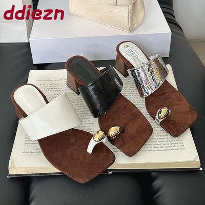 Female Slip On Footwear Women Square Heels Pumps Slides Shoes Metal Ladies Heels Pumps Shoes Sandals New 2025
