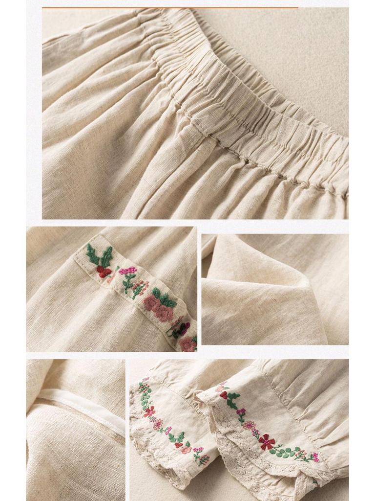 Women's Ethnic Embroidered Lace Trim Cotton Linen Harem Pants - Early Spring Loose Fit, Elastic Waist