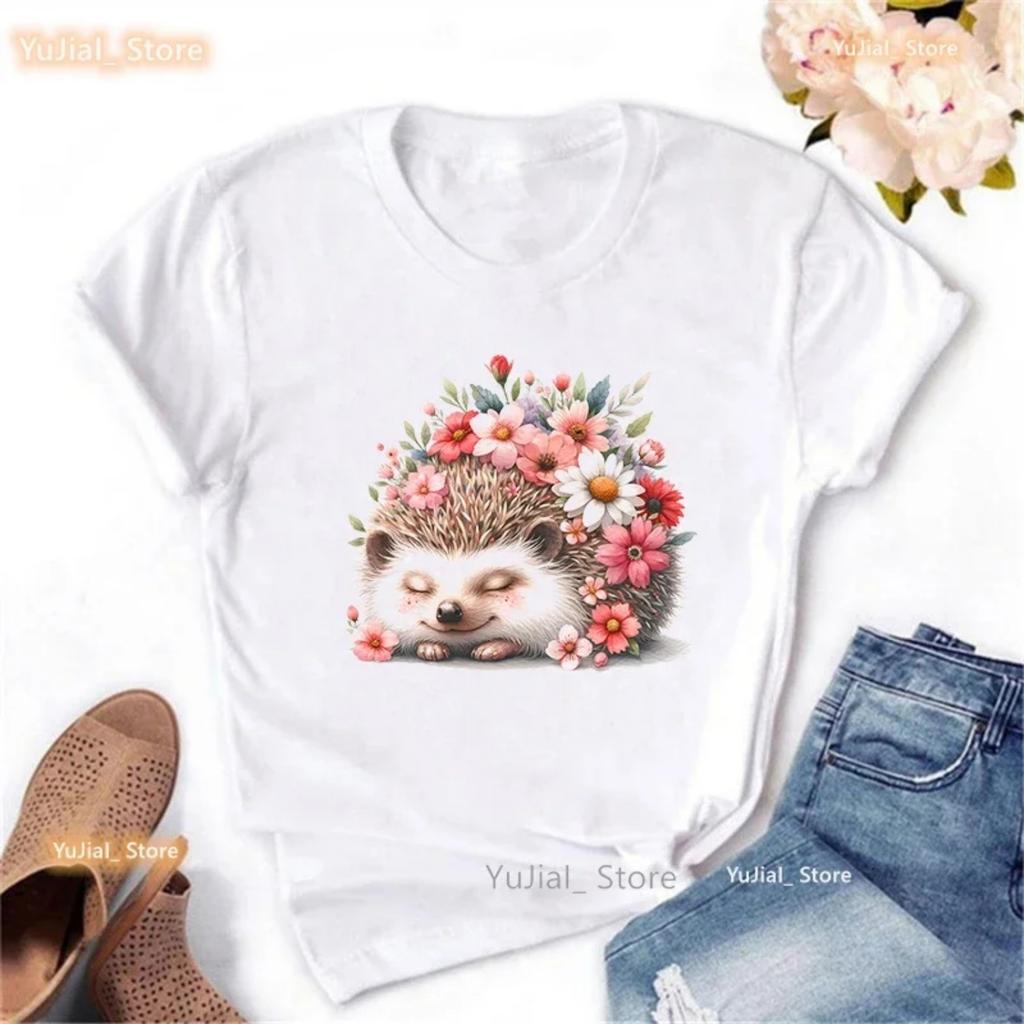 Cute Flower Hedgehog Printed T Shirt Girls Harajuku Kawaii Tshirt Women Summer Fashion Short Sleeve T-Shirt Femme