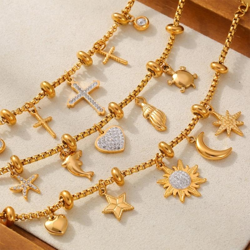 Elegant Sun And Moon Charm Bracelet With Crystal Accent Titanium Steel Lightweight Daily Wear Jewelry