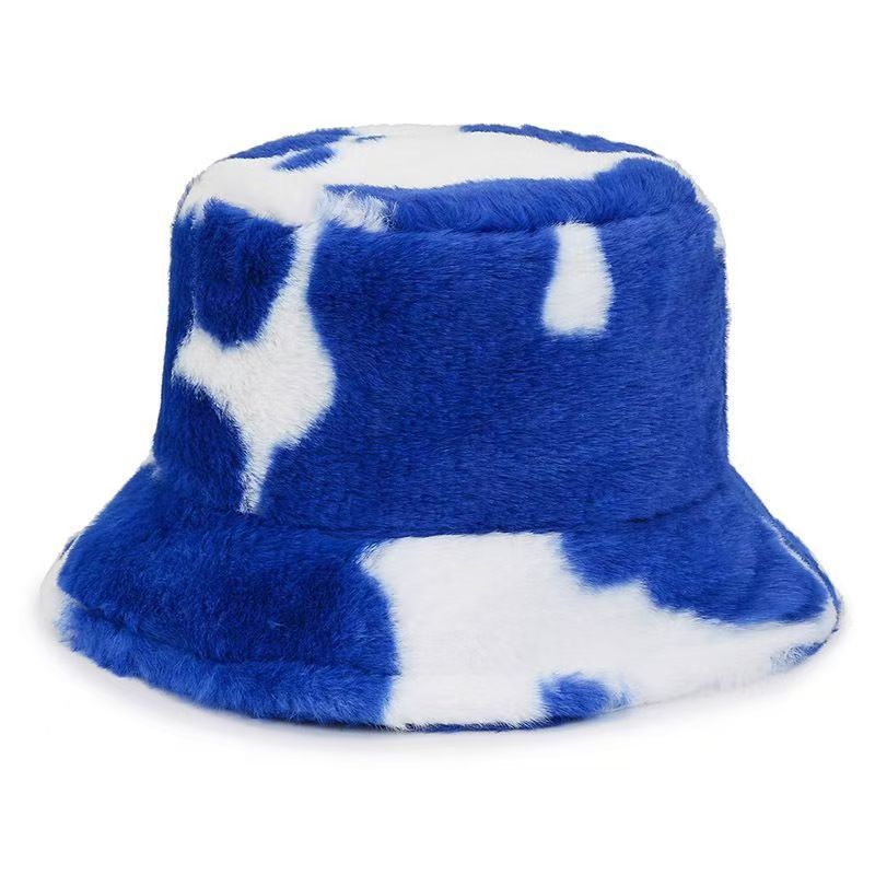 Black and white cow pattern bucket hat autumn and winter plush warm shopping versatile basin hat
