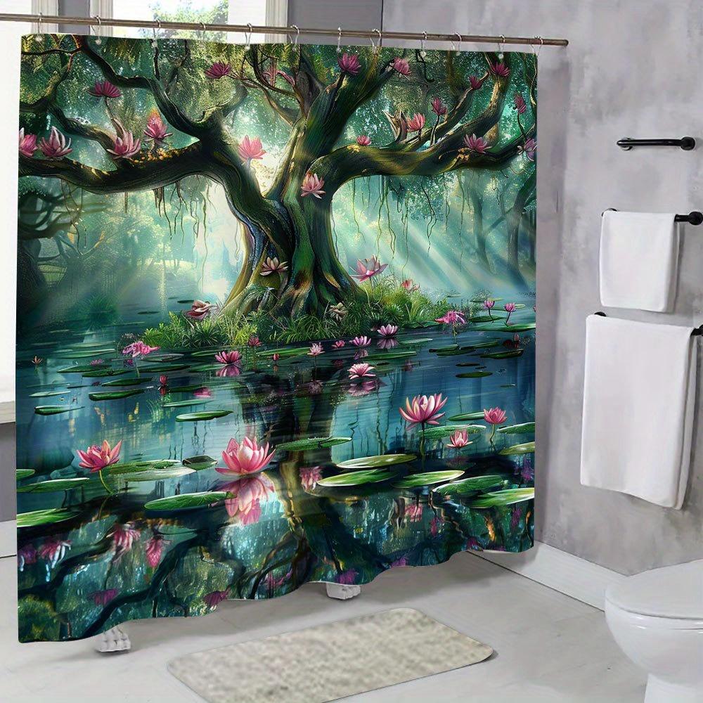 Водонепроницаемая шторка для душа с принтом «Зачарованный Лес, Дерево и Лотос», Мистический Природный Дизайн, Высококачественная Шторка для Разделения Туалета W90XH180cm